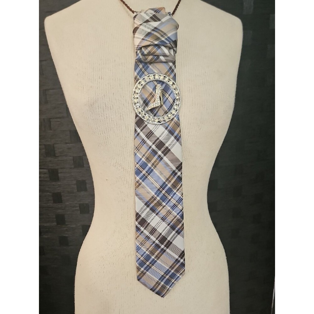 Chaps Silk Plaid Statement Tie necklace in Blue, Brown & Cream